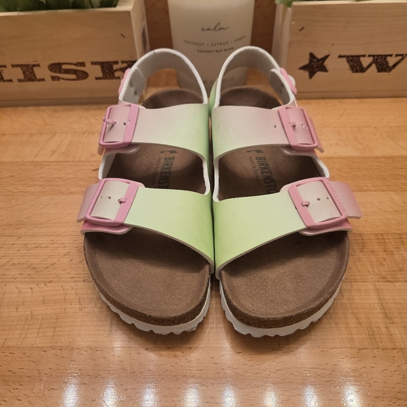 Birkenstock Milano Vegan Birko-Flor Sandals Candy Pink/Faded Lime Women's Sz 39 - Picture 2 of 7